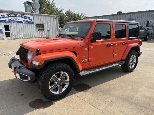 2020 Jeep Wrangler Unlimited Sahara in Punkn Metallic Clearcoat — front three-quarter view