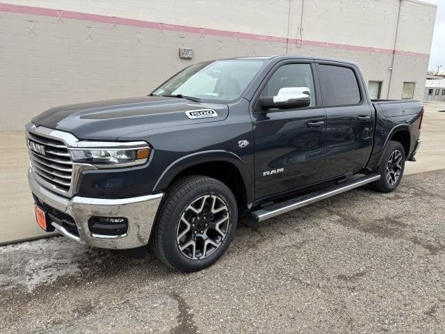 2026 RAM Ram 1500 RAM 1500 LARAMIE CREW CAB 4X4 5'7' BOX in Forged Blue Metallic Exterior Paint — front three-quarter view