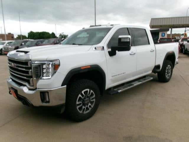 2023 GMC Sierra 3500HD 4WD Crew Cab Standard Bed SLT in Summit White — front three-quarter view