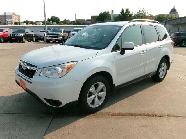 2015 Subaru Forester 2.5i Premium in Satin White Pearl — front three-quarter view